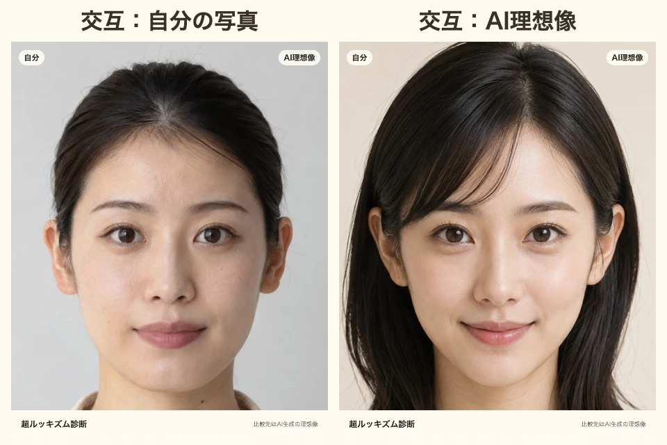 顔比較の交互表示。切り替わる2つの状態を横に並べた静止画。