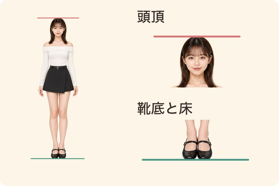 全身写真で頭頂と靴底の接地位置を確認する作例。頭部と足元を拡大した図