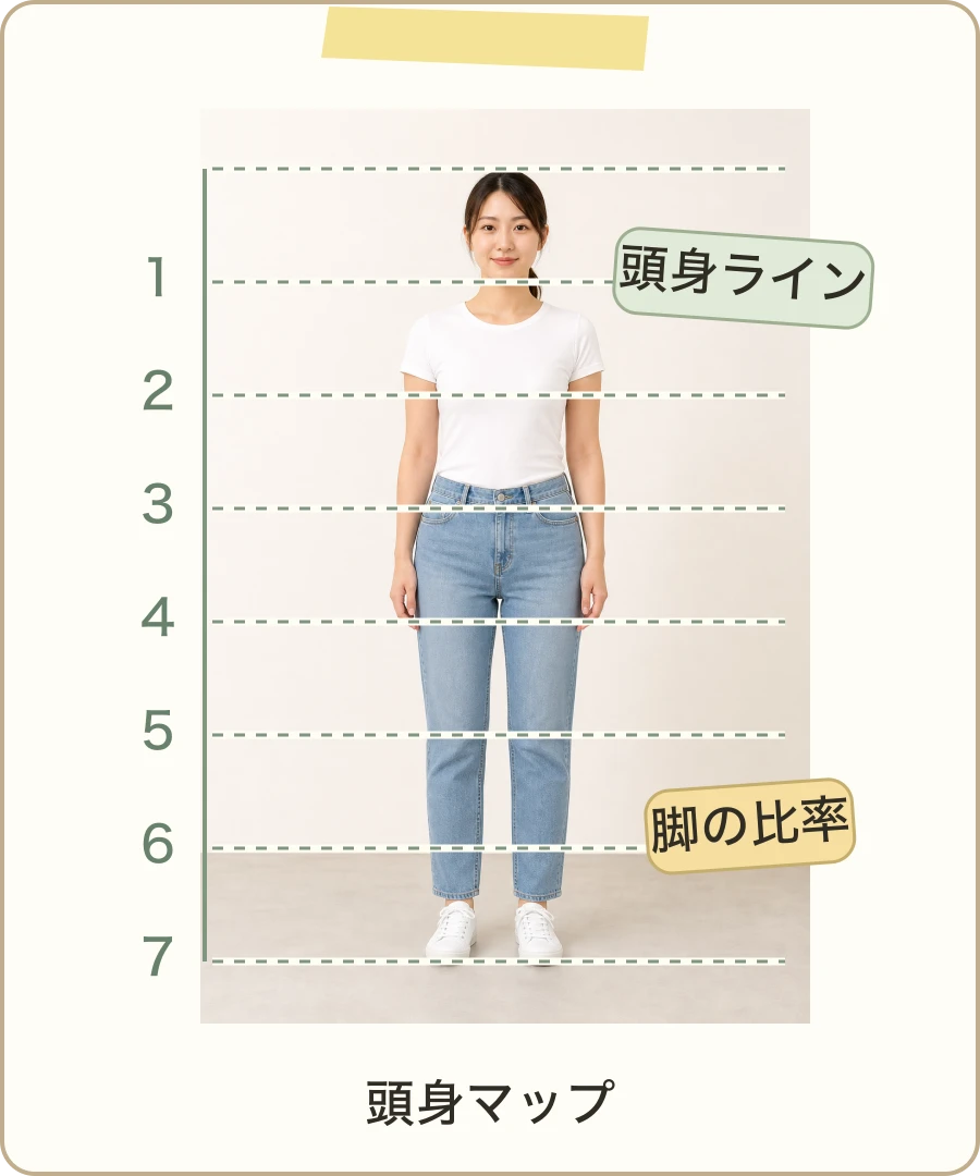 全身写真に頭身ラインを重ねた診断イメージ。サンプル画像です。